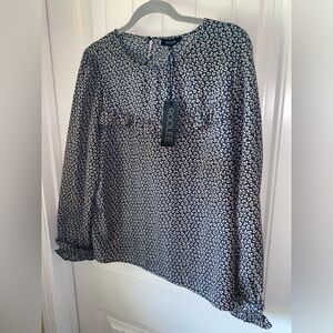 Roolee blouse NWT women’s Size XL blue/ beige leaf pattern ruffled at sleeve